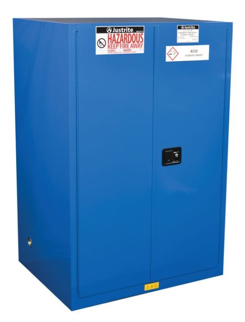 The blue Justrite Cabinet, Haz Mat 90G Sc, features double doors with a central handle and is labeled Hazardous Keep Fire Away and Acid Storage Cabinet, ensuring safe storage for hazardous materials.