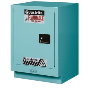 A blue Justrite Cabinet Fmhd Chmc 15G Mn/L features a Flammable warning and Keep Fire Away text on its door, a lockable black handle, and the FMHD CHMC 15G MN/L logo at the top.