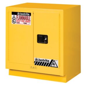 The Justrite Cabinet FMHD 19G/30 SC Yel features a black handle, bold Flammable Keep Fire Away labels for safety and compliance, and prominently displays the Justrite brand name, highlighting its reliable construction.