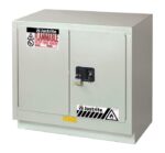 The Justrite Cabinet FMHD 23G/36 Man Ltnul is a gray cabinet with two padlock-secured doors, showcasing warning labels and safety symbols that prominently display Flammable and Keep Fire Away for enhanced safety.