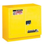 The Justrite Cabinet Fmhd 23G/36 Sc Yel is a yellow flammable storage cabinet with Flammable Keep Fire Away warning, featuring two lockable doors for safe hazardous material storage.