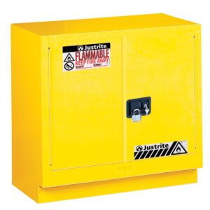 The Justrite Cabinet Fmhd 23G/36 Sc Yel is a yellow flammable storage cabinet with Flammable Keep Fire Away warning, featuring two lockable doors for safe hazardous material storage.