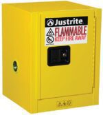 The Justrite Cabinet, Flam Ctop 4G in Man Yel color comes with a black handle, labeled Flammable Keep Fire Away, and features safety symbols. It includes a lock and additional warnings on the front for ultimate protection.