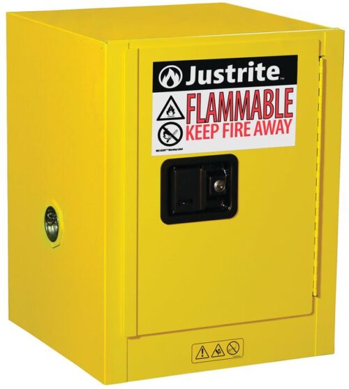 The Justrite Cabinet, Flam Ctop 4G in Man Yel color comes with a black handle, labeled Flammable Keep Fire Away, and features safety symbols. It includes a lock and additional warnings on the front for ultimate protection.
