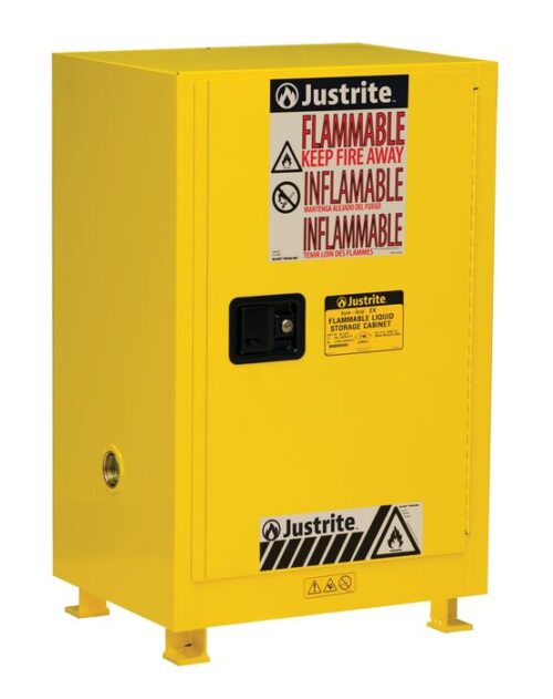 The Justrite Cab Bshock Flam Cmp 12G Sc Yel is a yellow safety cabinet with Flammable Keep Fire Away in bold red, a sturdy black handle, and is designed for securely storing flammable liquids with clear warning symbols.