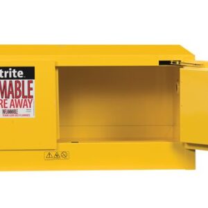 The yellow Justrite Flam Pigy 12G cabinet stands open, showcasing a FLAMMABLE KEEP FIRE AWAY warning label. The interior is empty with additional safety labels visible on the door.