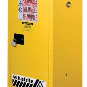 The Justrite Cabinet, Flam Cmp 15G, Man Yel is a yellow rectangular storage for flammable materials. It features a black handle, padlock, and is labeled with KEEP FIRE AWAY and INFLAMMABLE, along with essential safety symbols.