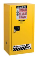 The Sc Yel Justrite Cabinet for flammable materials has red and black warnings, secured by a black handle and padlock.
