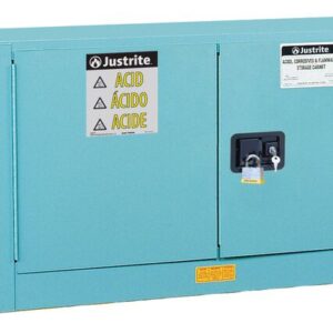 The Justrite Cabinet, Acid Pigy 17G, Sc Blu is a dual-door acid storage solution featuring visible warning labels for corrosive materials and a secure lock to ensure safe storage of hazardous substances.