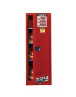 A tall Justrite Cabinet, Flam Slm 22G, Sc Red stands with its door slightly open, revealing shelves lined with flammable liquid containers. Multiple Flammable warning labels in English and Spanish adorn it for clear caution messaging.