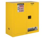 The Justrite Cabinet, Flam Sfty 30G Man Yel, is a yellow flammable storage unit with two doors, featuring clear Flammable and Keep Fire Away warning labels and a black handle on the right door for easy access.