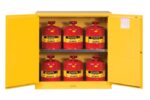 A yellow Justrite Cabinet is open, displaying six red Justrite safety cans with handles and spouts. The interior label on the left door shows safety instructions, ideal for securely storing Flam W/Cans 30G Mn Yl items.