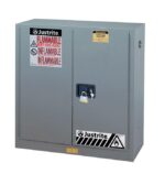 The Justrite Cabinet, Flam Sfty 30G Man Gry, is a gray metal safety cabinet with a sleek black handle and padlock. It’s labeled “Flammable” and “Inflammable” to warn against fire hazards, ensuring secure storage for hazardous materials.