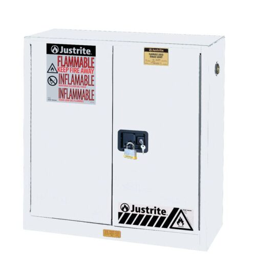 The Justrite Cabinet, Flam Sfty 30Gman Wht, is a white storage solution with a black handle and padlock. It features warning labels for flammable materials and prominently displays the Justrite brand on the door, ensuring safety and quality.