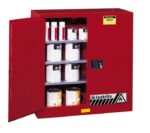 A Justrite Cabinet, Cmbs P&I 40G, Man Red stands open with its shelves filled with cans and containers. A warning label emphasizes its safety features. Ideal for securely storing flammable materials, this cabinet is essential for any safe workspace.