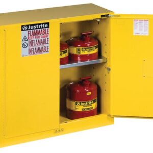 Explore the Justrite Cabinet, Flam Sfty 30G, in striking SC Yel. Its open doors reveal red flammable liquid containers on two shelves, with safety labels clearly stating Flammable and Keep Fire Away.
