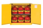 The yellow Justrite Cabinet reveals six red Justrite Safety Can fuel cans—three on each shelf. Safety warning labels are visible inside the cabinets doors.
