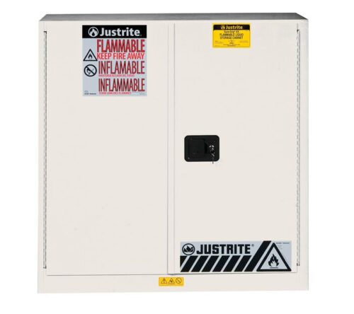 A Justrite Cabinet, Flam Sfty 30G, Sc Wht, in beige with a black handle is specifically designed for flammable materials. It includes bold Flammable, Keep Fire Away warnings in red and triangular hazard symbols for compliance.