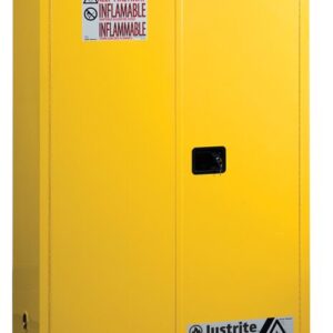 The Justrite Cabinet, Flam Sfty 45G Man Yel, is yellow with a sturdy black handle and bold Flammable and Keep Fire Away warnings. Its closed door is enhanced by prominent black and yellow hazard symbols at the bottom.