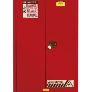 A Justrite Cabinet, Flam Sfty 45G Man Red, features a Justrite logo, caution labels for flammable materials on the doors, and is secured with a padlocked handle.