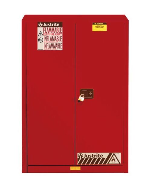 A Justrite Cabinet, Flam Sfty 45G Man Red, features a Justrite logo, caution labels for flammable materials on the doors, and is secured with a padlocked handle.