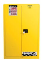 The Justrite Cabinet, Cmbs Sfty 60G Man Yel, is a yellow flammable storage unit with two doors labeled Flammable and Keep Fire Away. It has a central lock mechanism and features the manufacturers logo at both ends.