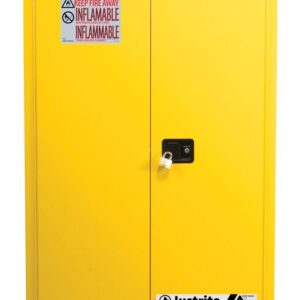 The Justrite Cabinet, Cmbs Sfty 60G Man Yel, is a yellow flammable storage unit with two doors labeled Flammable and Keep Fire Away. It has a central lock mechanism and features the manufacturers logo at both ends.