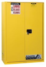 The Justrite Cabinet, Flam 45G Sc/Bifld Yel, is a yellow safety cabinet with the warning Flammable: Keep Fire Away. It includes a padlockable black handle and diagonal striped warnings at the bottom.