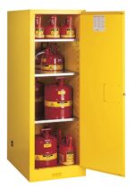 The Justrite Cabinet, Flam Slm 54G, Man Yel is open, displaying a row of red hazardous material canisters with warning symbols. This safety cabinet assures compliance and peace of mind.