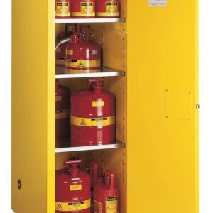 The Justrite Cabinet, Flam Slm 54G, Man Yel is open, displaying a row of red hazardous material canisters with warning symbols. This safety cabinet assures compliance and peace of mind.