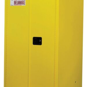 The Justrite Cabinet, Flam Sfty 60G Man Yel, features a black handle and clear warning labels, designed for safely storing inflammable materials.