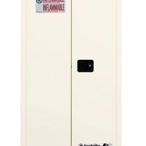 The Justrite Cabinet, Flam Sfty 60G Man Wht, is a beige cabinet with warning labels saying flammable and keep fire away. It features two doors with a central black handle, ensuring both safety and functionality.