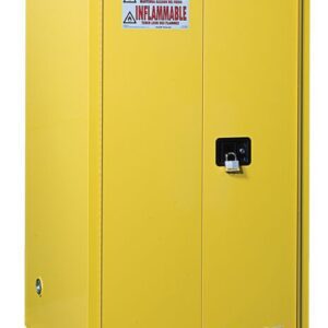 The Justrite Cabinet Cmbs P&I 96G Man Yel is a yellow, two-door flammable storage unit with English and Spanish warning signs and a secure handle for safety.