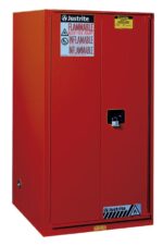 The Justrite Cabinet is a red metal flammable safety cabinet with a lockable handle, featuring bold Flammable and Keep Fire Away warning labels, and showcasing the Cmbs P&I 96G Man Red branding.