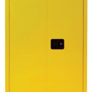 The Justrite Cabinet, Flam Sfty 60G Sc Yel, is a yellow safety cabinet labeled Flammable and Keep Fire Away, featuring a black handle and safety symbols at the bottom for secure hazardous material storage.