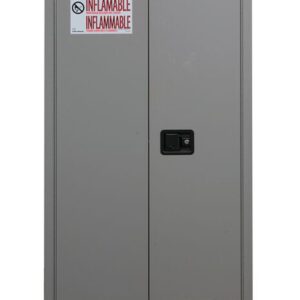 The Flam Sfty 60G Sc Gry Justrite Cabinet, in gray, displays Flammable and Inflammable labels with caution symbols and warnings to keep fire away, designed for the safe storage of hazardous materials.