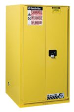 The yellow Justrite Cabinet (Flam 60G Sc/Bifld Yel) enhances safety with its two-door design and clear labels, ensuring secure storage of hazardous substances with prominent fire warnings.
