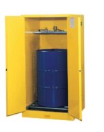 A yellow Justrite Cabinet, model Vdrum W/Rlr 55G Mn Yl, is shown open with a large barrel inside and an adjustable shelf above, neatly organizing various tools for secure storage and efficiency.
