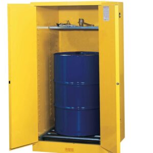 A yellow Justrite Cabinet, model Vdrum W/Rlr 55G Mn Yl, is shown open with a large barrel inside and an adjustable shelf above, neatly organizing various tools for secure storage and efficiency.