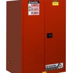 The Justrite Cabinet, Flam Sfty 90G Man Red, is a large red unit featuring safety stickers and a black handle, providing secure storage for flammable materials.