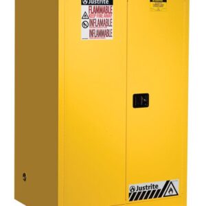 The Justrite Cabinet, Flam Sfty 90G Sc Yel, is bright yellow with Flammable labels in English and Spanish. It has a central black handle and signature branding, providing secure storage for hazardous materials.