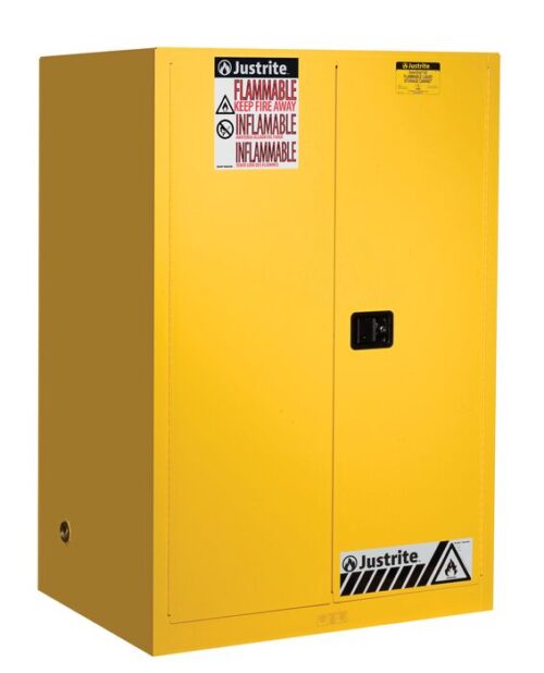 The Justrite Cabinet, Flam Sfty 90G Sc Yel, is bright yellow with Flammable labels in English and Spanish. It has a central black handle and signature branding, providing secure storage for hazardous materials.