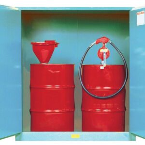 The blue metal Justrite 110G Cab Man Bl Acid Ddrm Ex showcases open doors with two red barrels; one includes a red funnel and the other a robust hand pump and hose.