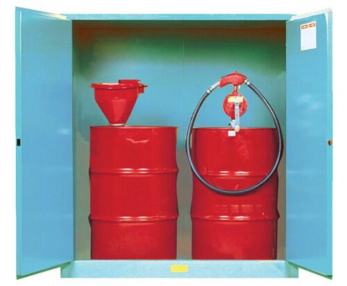 The blue metal Justrite 110G Cab Man Bl Acid Ddrm Ex showcases open doors with two red barrels; one includes a red funnel and the other a robust hand pump and hose.
