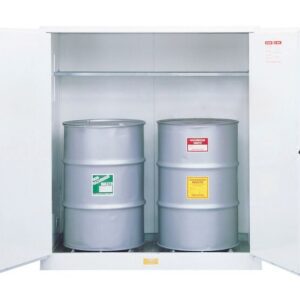 The Justrite Cabinet Vdrm Wste (2)55G Mn Wh, with one shelf, holds two metal barrels labeled Hazardous Waste (green) and Flammable (yellow). The open white design securely stores these materials.