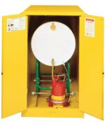 The open Justrite Cabinet Horzdrm (1)55G, Mn Yel reveals a large white drum on a green stand with a red pump below. Safety instructions and warning labels on the doors ensure safe handling and storage of hazardous materials.