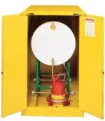 The Justrite Cabinet Horzdrm (1)55G, Sc Yel, features an open design showcasing a large white drum on a green stand. Additionally, it has a red pump with an attached nozzle and prominently displayed warning labels inside the doors of this meticulously designed unit.