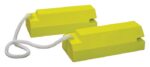 Two Justrite Chock floats are linked by a white rope. The rectangular design includes notches for easy attachment, ensuring your keys remain buoyant in water.