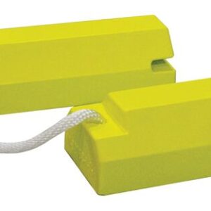 Two Justrite Chock floats are linked by a white rope. The rectangular design includes notches for easy attachment, ensuring your keys remain buoyant in water.