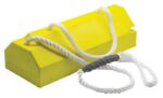 A Justrite yellow buoy measures 20, has grooves, and comes with two attached white ropes. One rope features a black grip, and the buoy is marked M-3DBR-12A on its side.